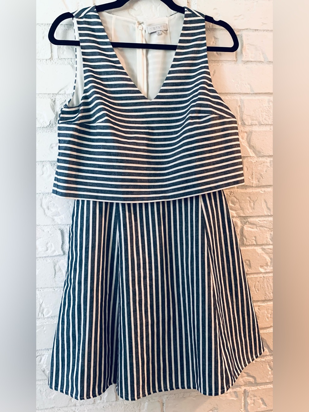 1.State  Womens Chambray And White Striped Popover Fit & Flare Minidress SZ M